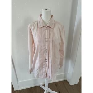 Vintage Womens Pink Tuxedo Pleated Pintuck Embroidered Button Up Blouse Sz Large